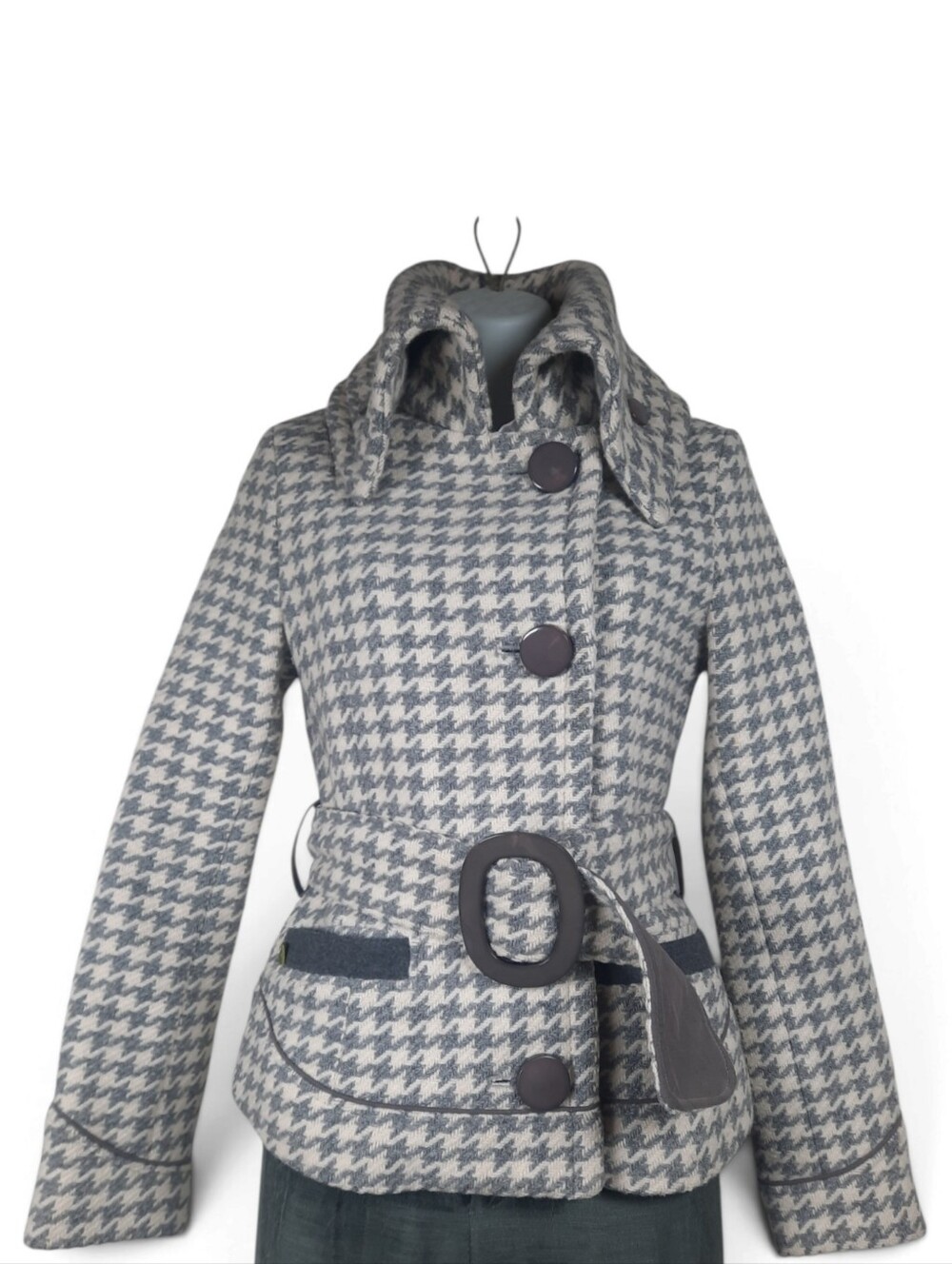 SOIA & KYO Funnel Neck Wool Houndstooth Belted Coat Y2K Jacket Mod 60s Retro